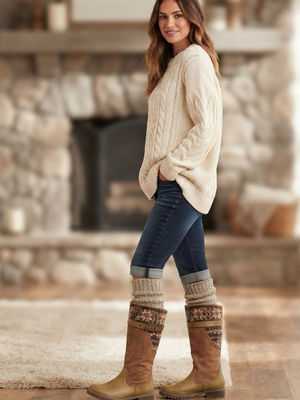 Muk Luks Brown Tan Knit Fair Isle Winter Tall Boots Buckle Strap Size 9